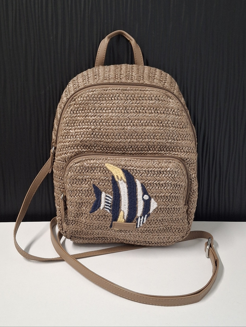 Vera Bradley Straw Warm Stone Mini Convertible Backpack With Embroidered Fish